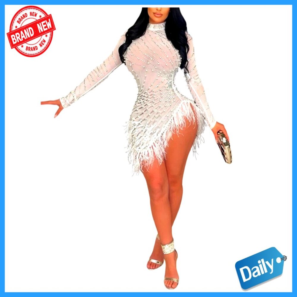 Sexy Rhinestone Feather Mesh Sheer Bodycon Long Sleeve Mini Dress Party Clubwear